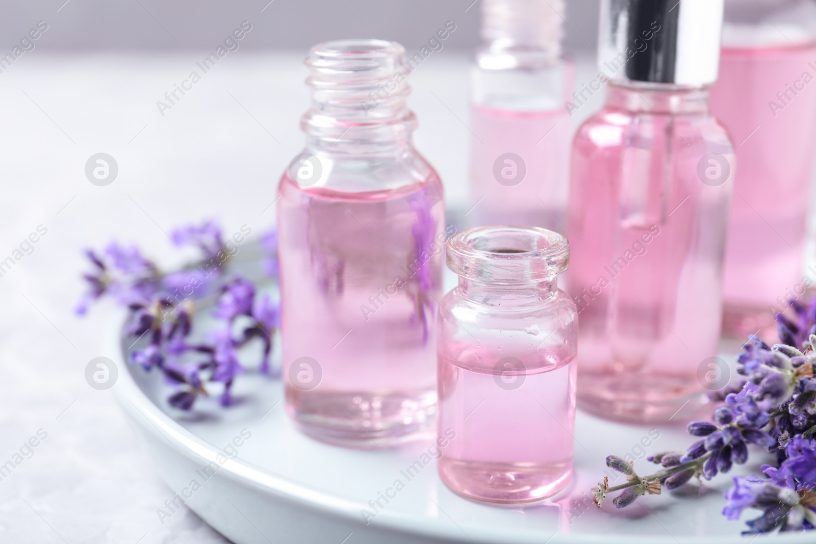 Photo of Tray with bottles of lavender essential oil and flowers on table