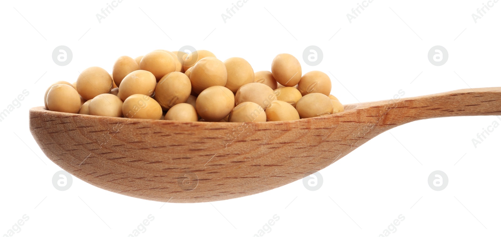 Photo of Soya beans in wooden spoon isolated on white