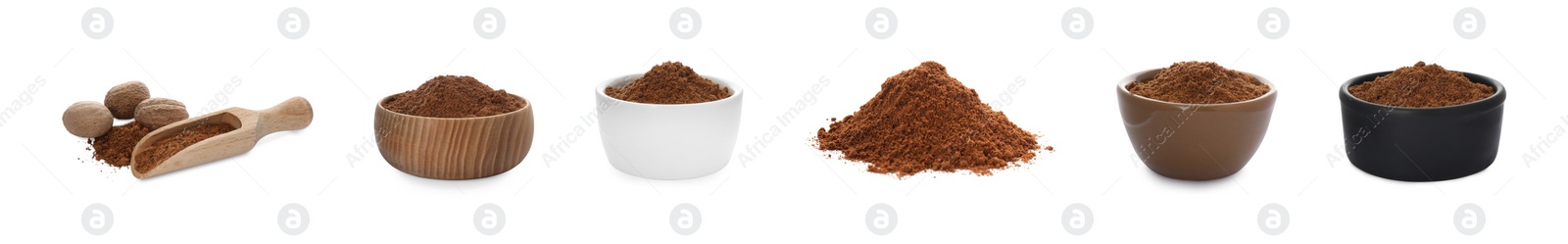 Image of Set with nutmeg powder on white background. Banner design