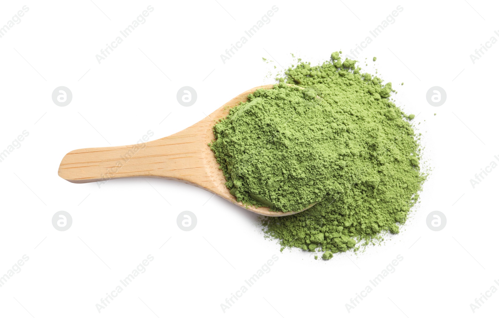 Photo of Wooden spoon with green matcha powder isolated on white, top view