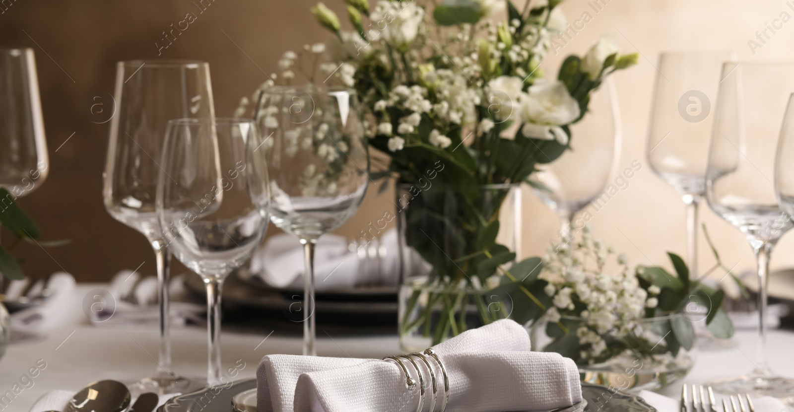 Image of Stylish elegant table setting for festive dinner in restaurant. Banner design