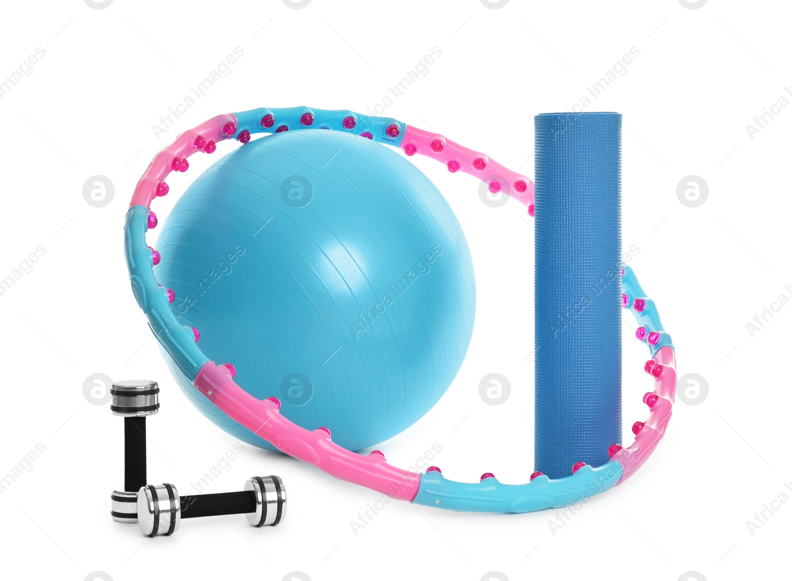 Photo of Hula hoop, exercise ball, yoga mat and dumbbells on white background