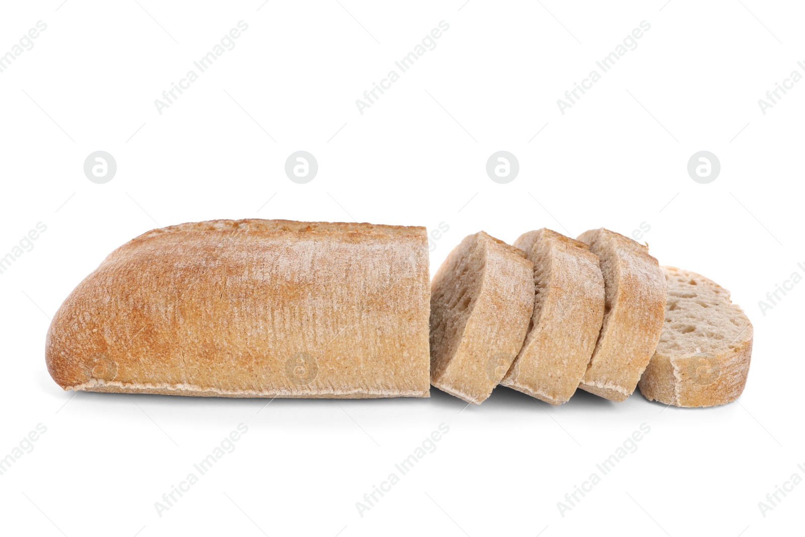 Photo of Cut ciabatta on white background. Fresh bread