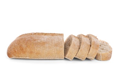 Cut ciabatta on white background. Fresh bread