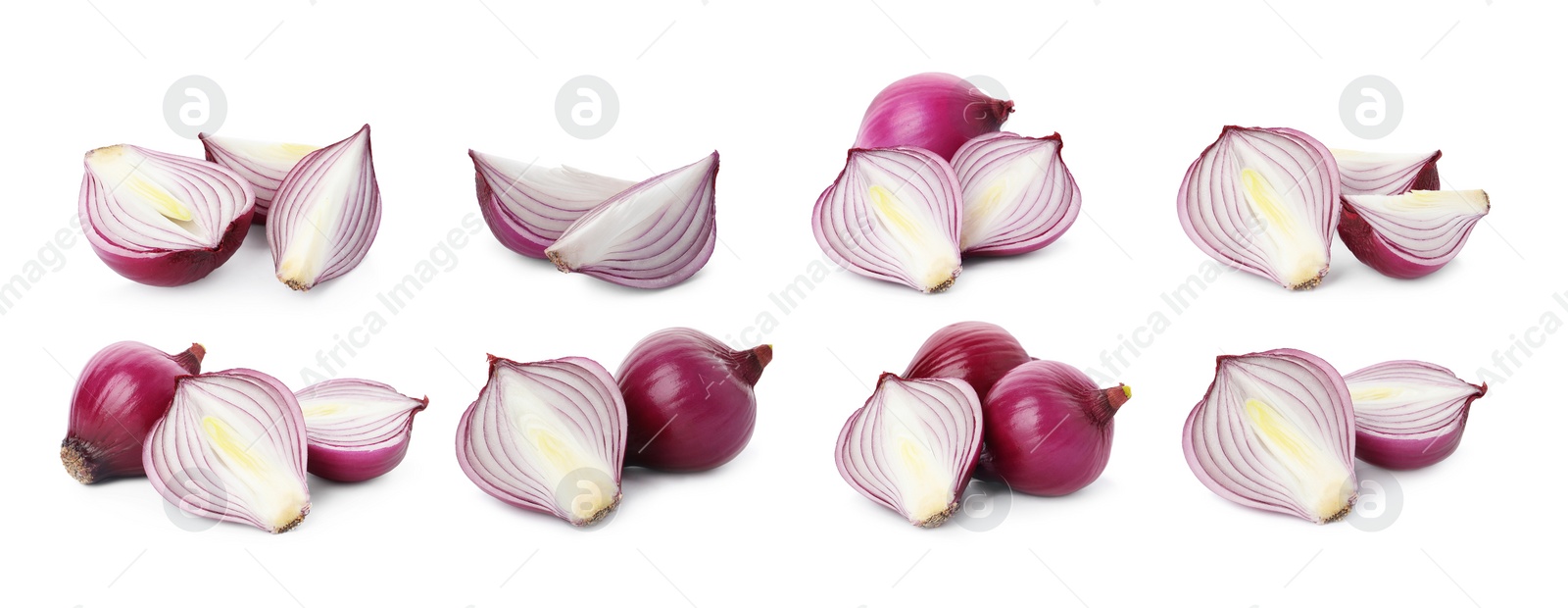 Image of Set of red cut and whole onion on white background. Banner design