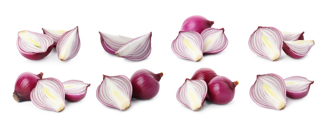 Image of Set of red cut and whole onion on white background. Banner design