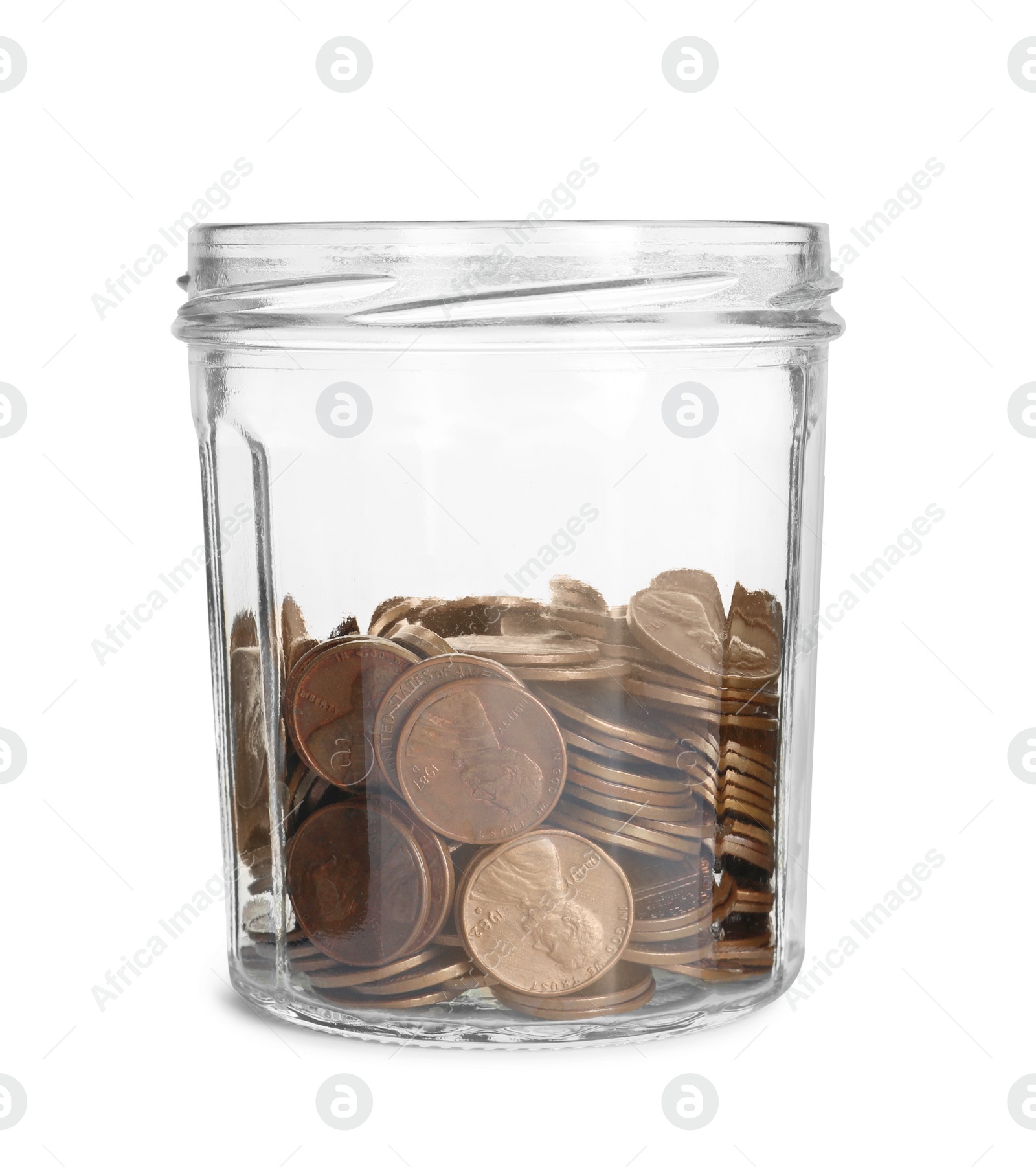 Photo of Glass jar with coins isolated on white background