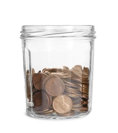 Glass jar with coins isolated on white background