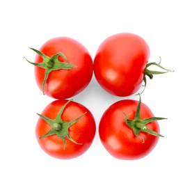 Fresh ripe tomatoes on white background, top view