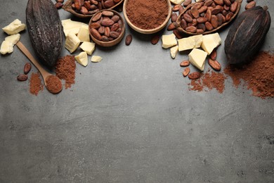 Photo of Flat lay composition with organic cocoa butter on grey table. Space for text