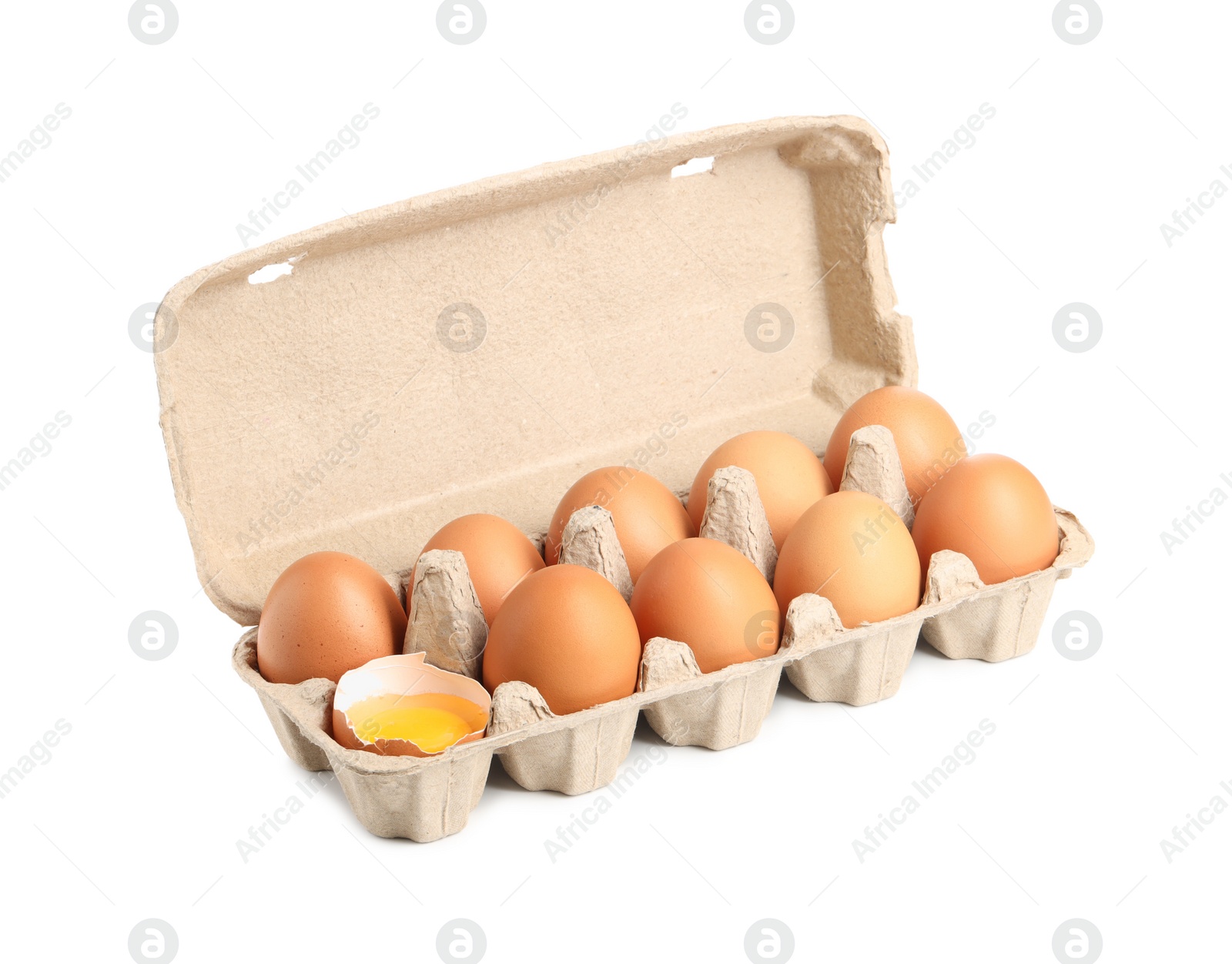 Photo of Chicken eggs in carton isolated on white