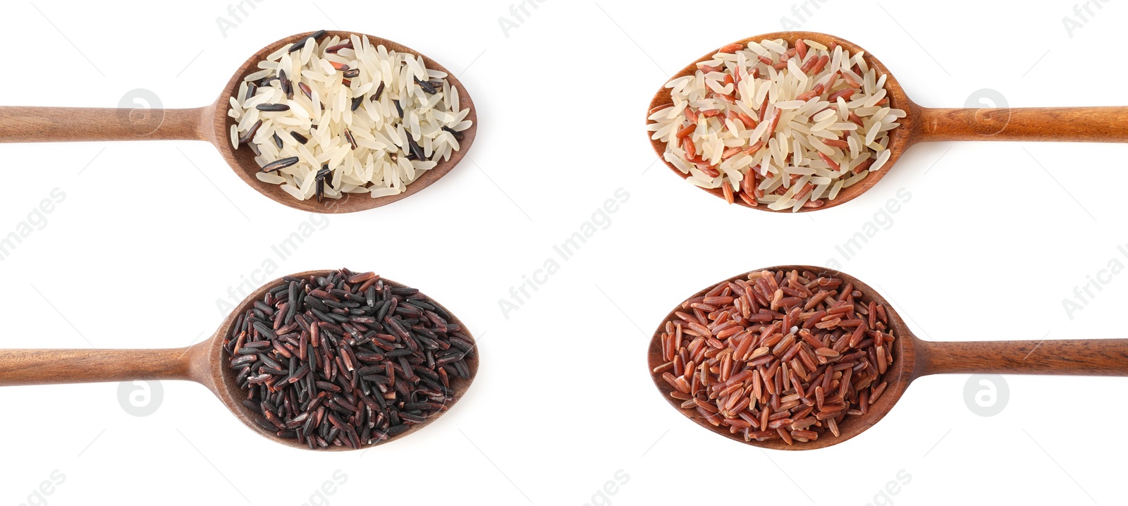 Image of Set with different types of rice in spoons on white background, top view. Banner design