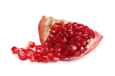 Photo of Ripe pomegranate on white background. Delicious fruit