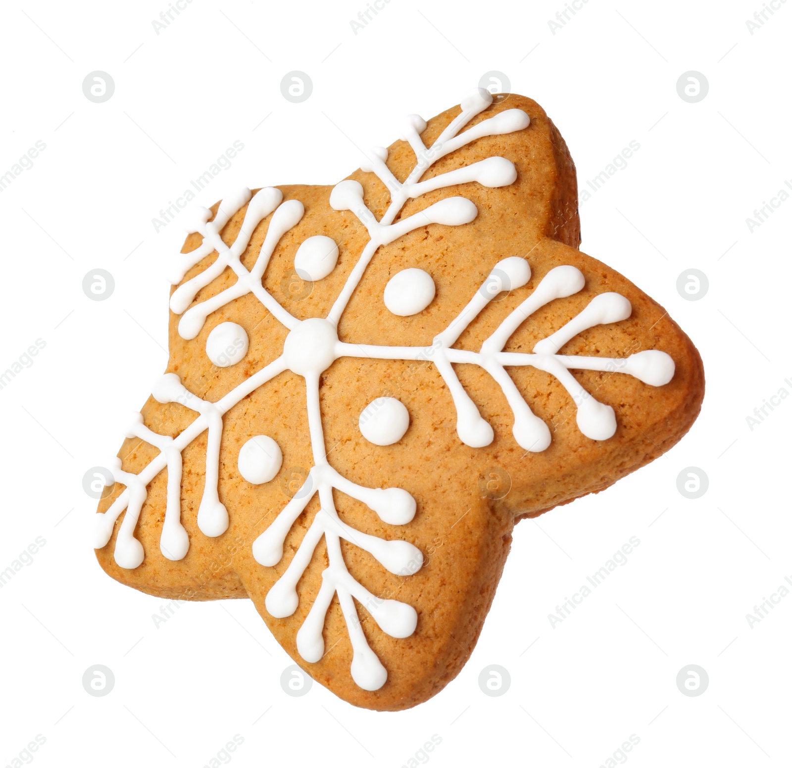 Photo of Tasty star shaped Christmas cookie with icing isolated on white