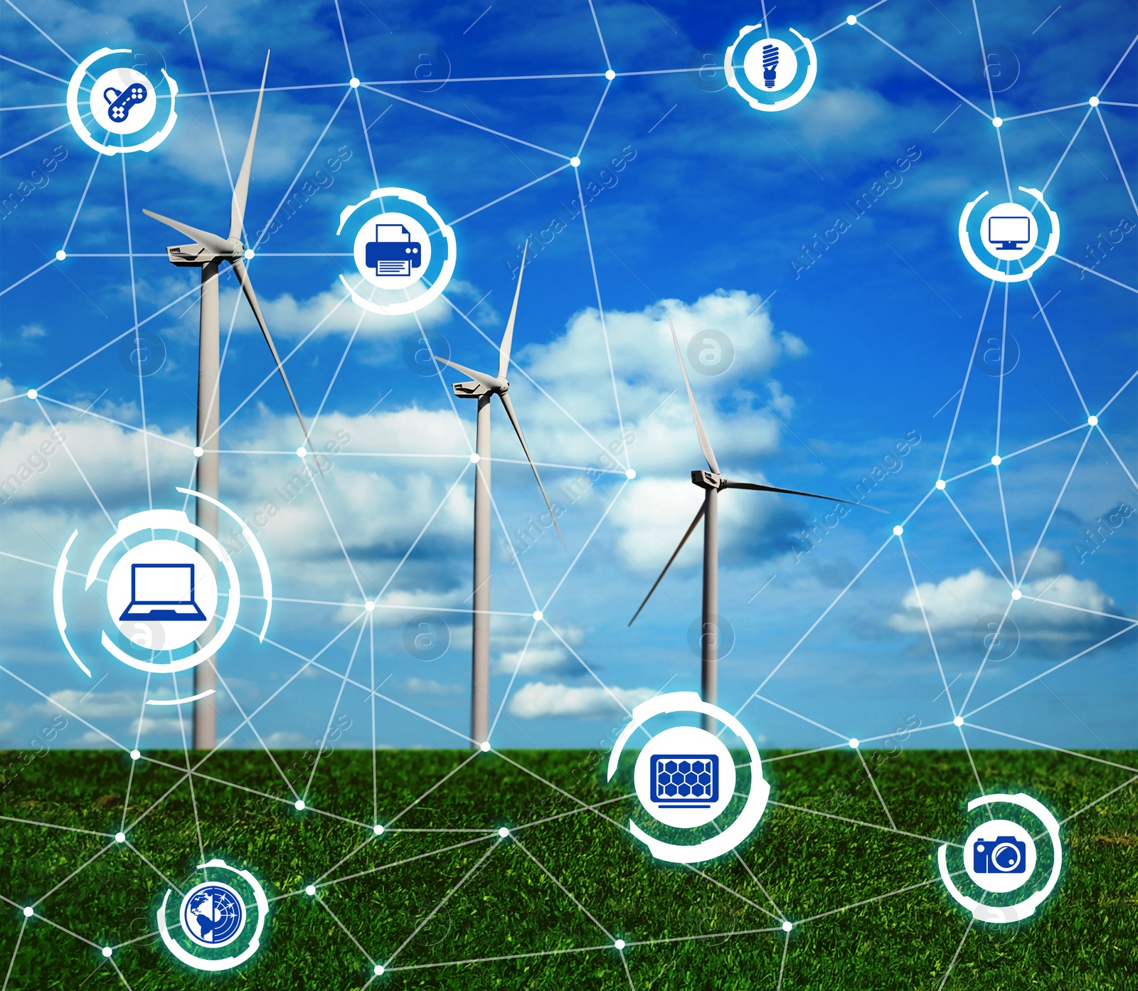 Image of Alternative energy source. Wind turbines in field under blue sky and scheme