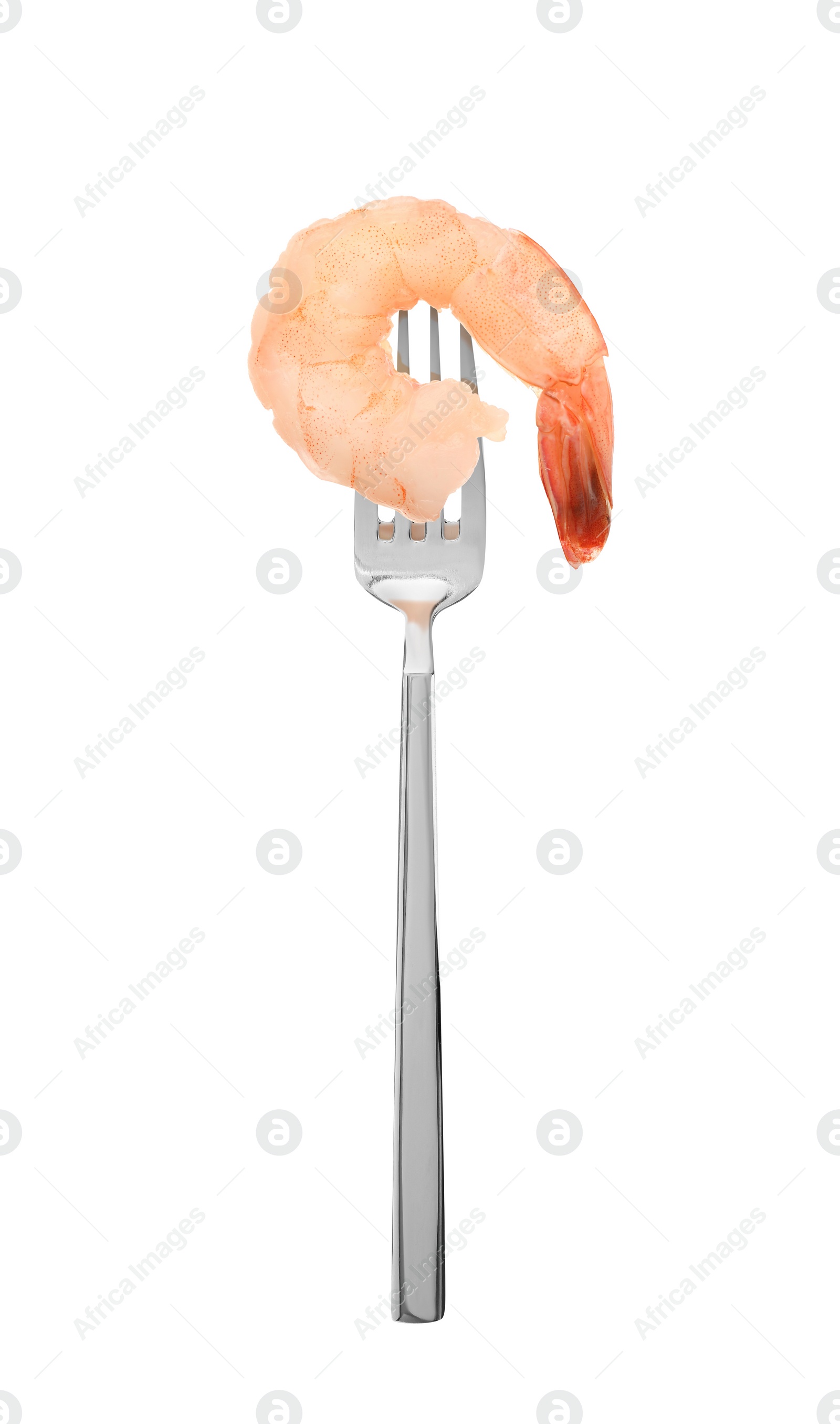 Image of Fork with tasty shrimp isolated on white