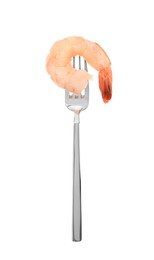 Image of Fork with tasty shrimp isolated on white