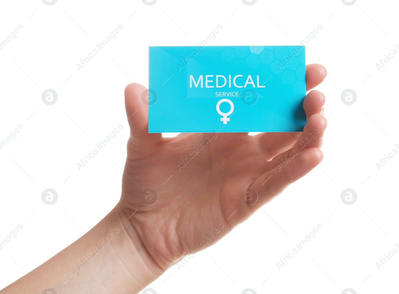 Photo of Girl holding medical business card isolated on white, closeup. Women's health service