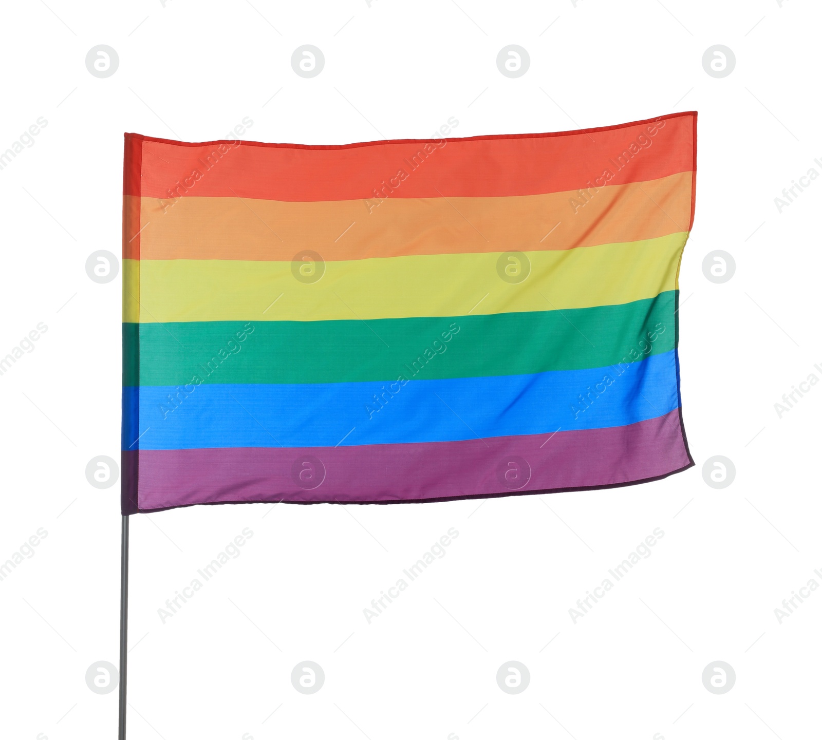 Photo of Bright rainbow LGBT flag fluttering on white background. Lesbian concept