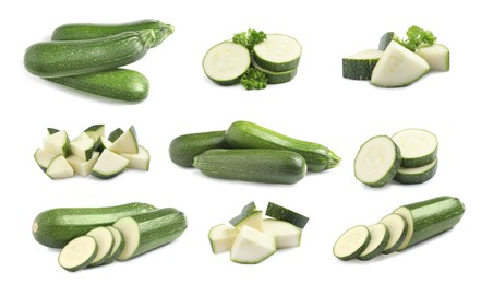 Image of Set of fresh ripe zucchinis on white background