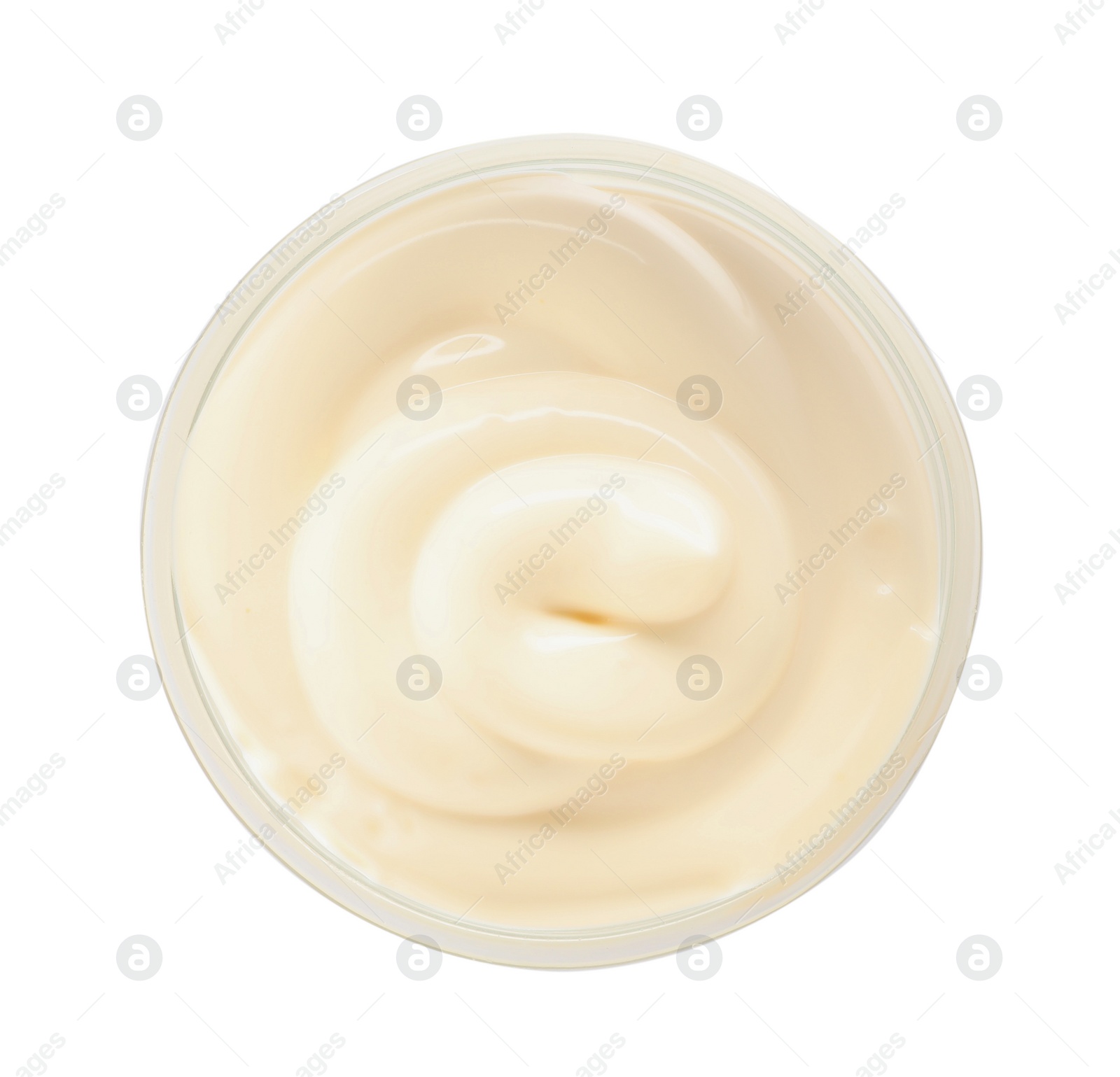 Photo of Mayonnaise in glass bowl isolated on white, top view