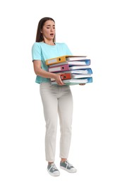 Stressful woman with folders on white background