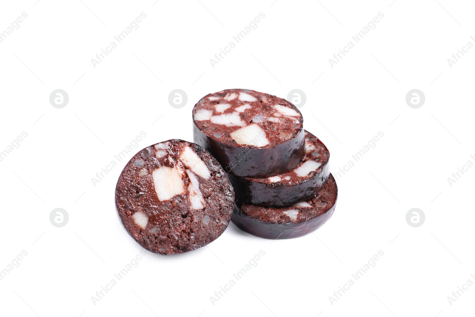 Photo of Slices of tasty blood sausage on white background