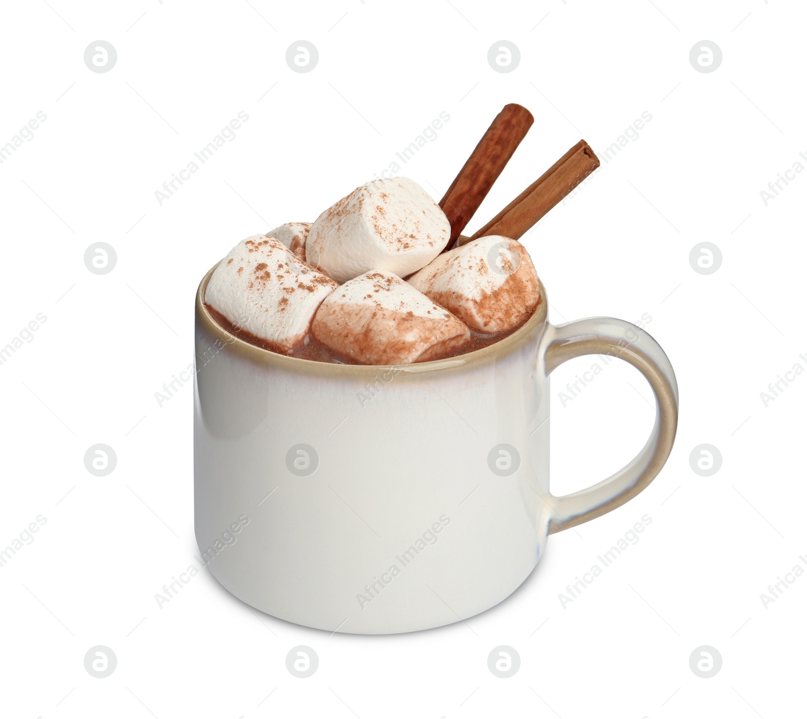 Photo of Cup of delicious hot chocolate with marshmallows and cinnamon sticks isolated on white