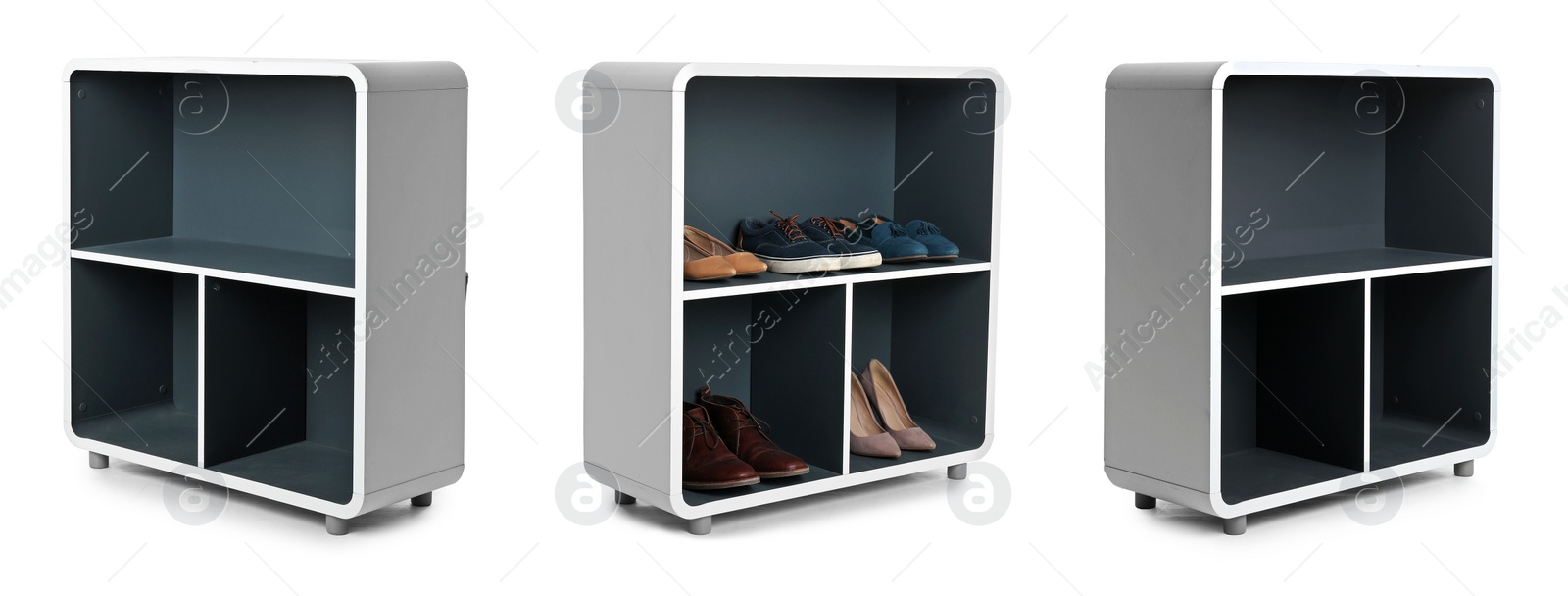 Image of Set with stylish shelving units for shoes on white background, banner design 