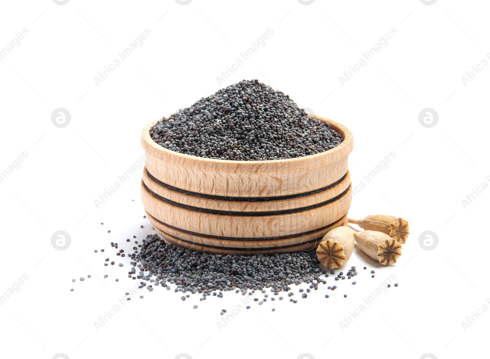 Photo of Bowl with poppy seeds on white background