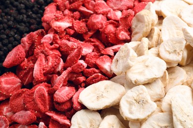 Photo of Closeupfreeze dried blueberries, strawberries and bananas as background