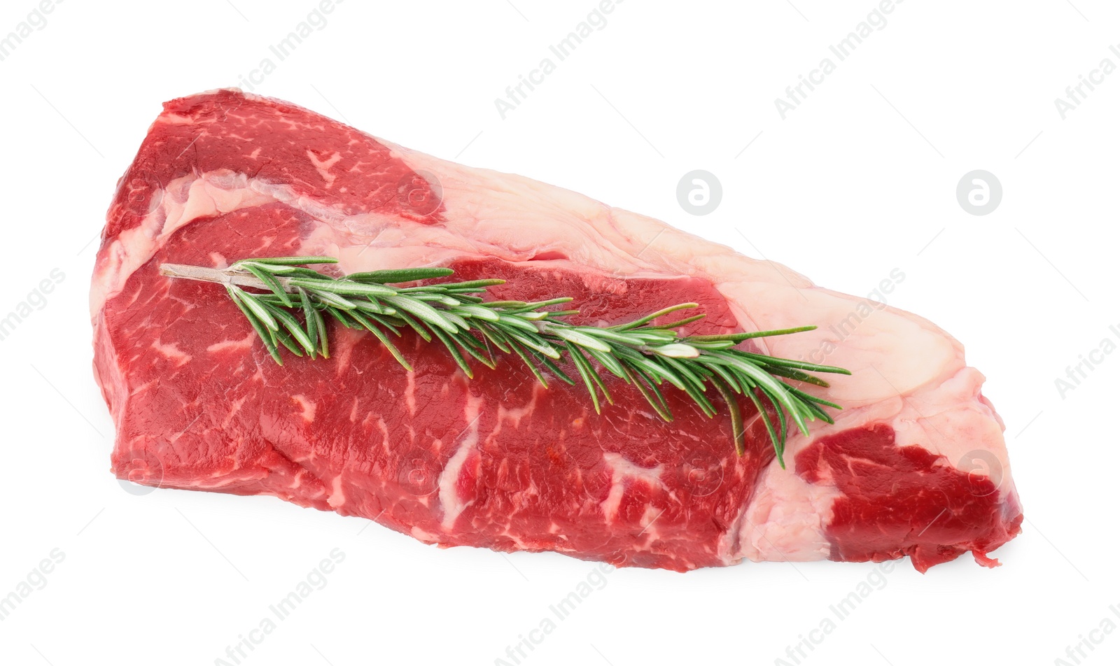 Photo of Raw beef steak and rosemary isolated on white, top view