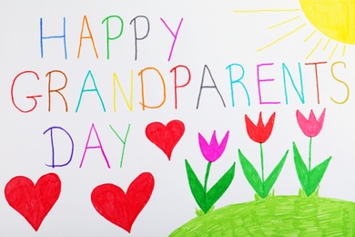 Photo of Beautiful drawing with phrase Happy Grandparents Day, top view