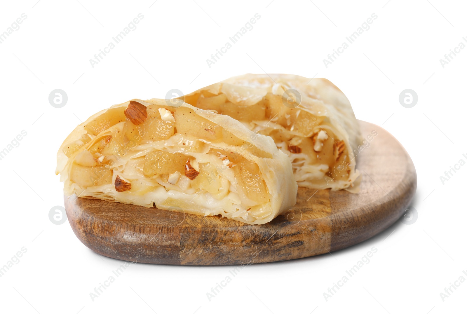 Photo of Delicious apple strudel with almonds and powdered sugar isolated on white