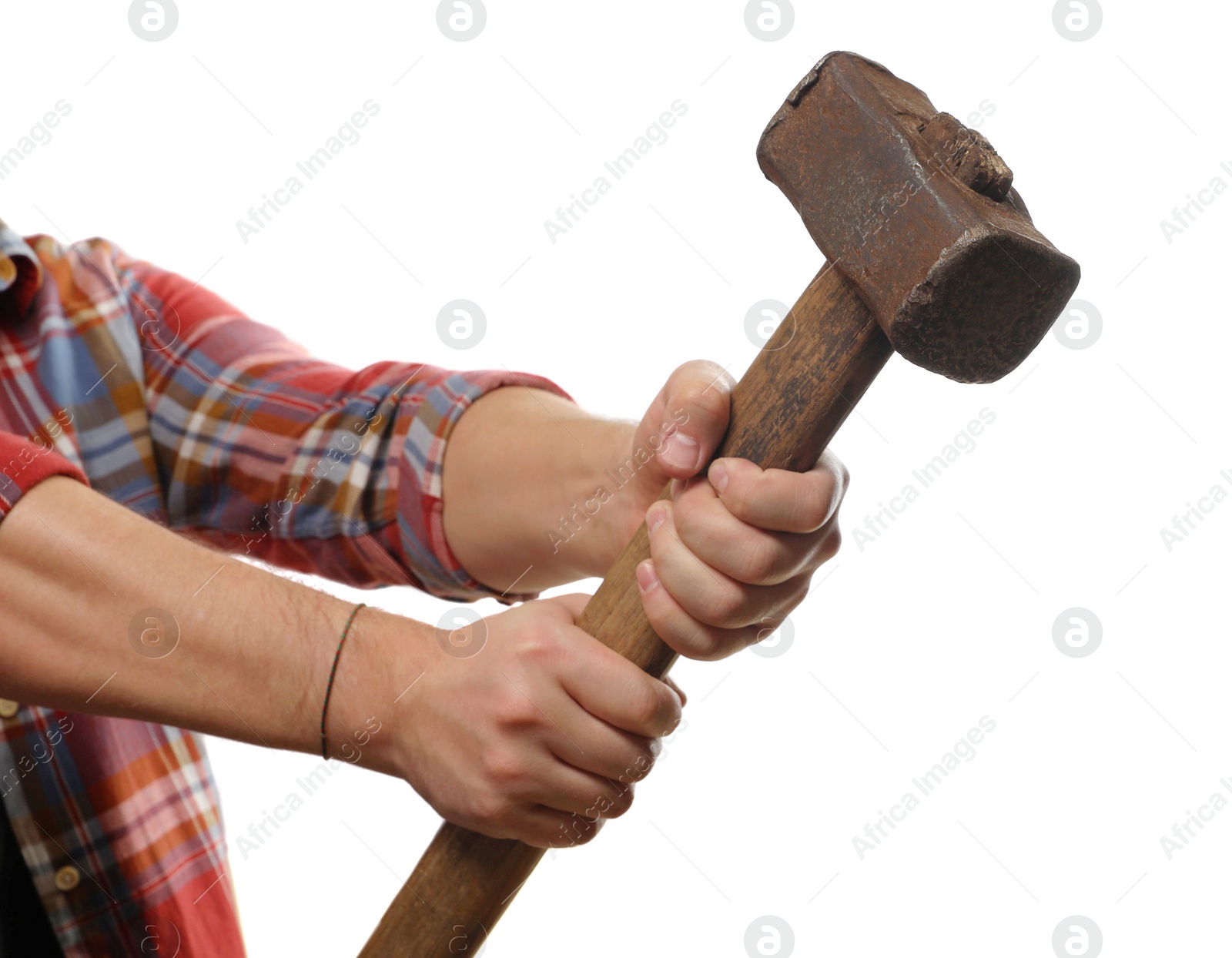 Photo of Man with sledgehammer on white background, closeup