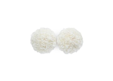 Tasty coconut balls isolated on white, top view