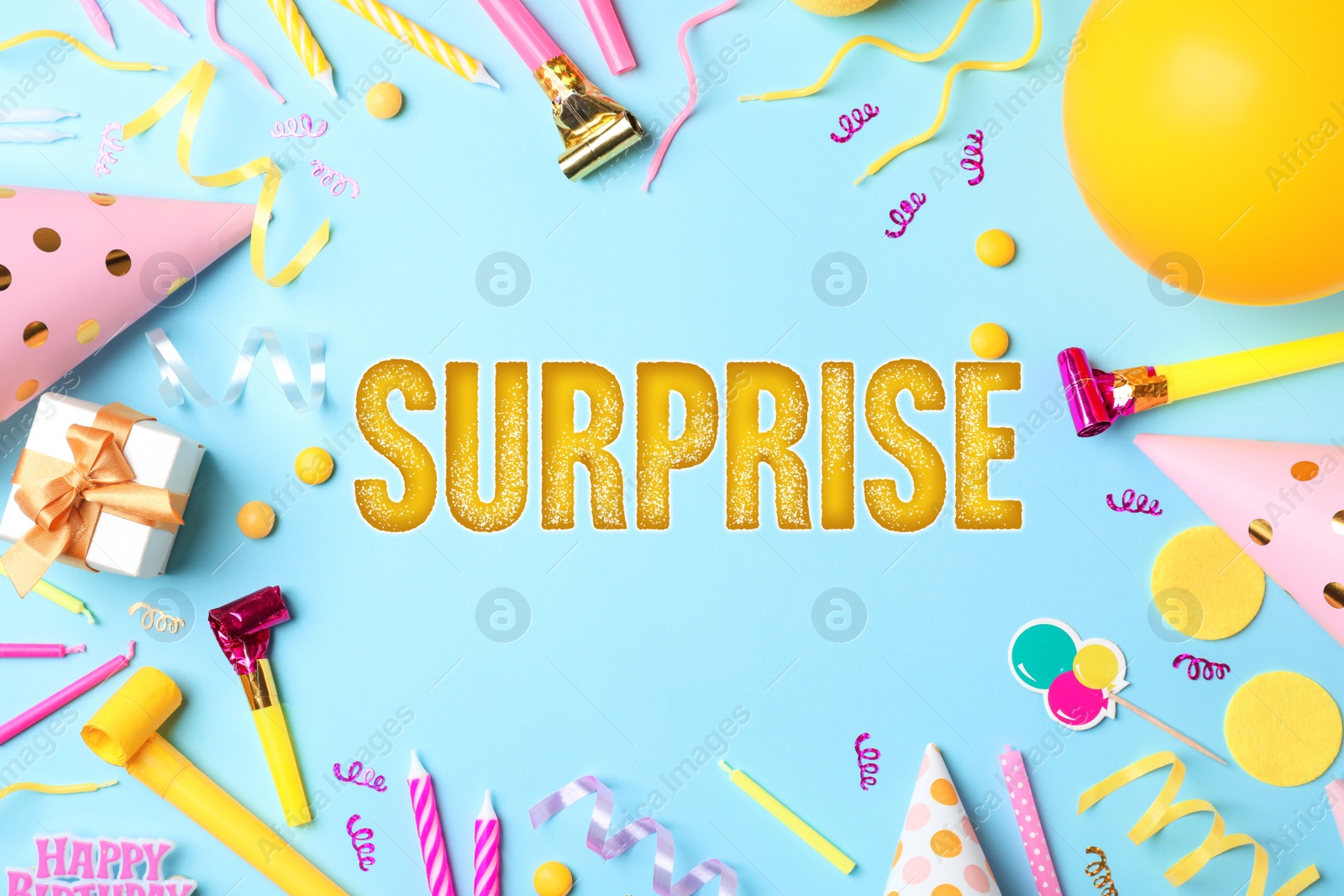 Image of Flat lay composition with different items for surprise party on light blue background