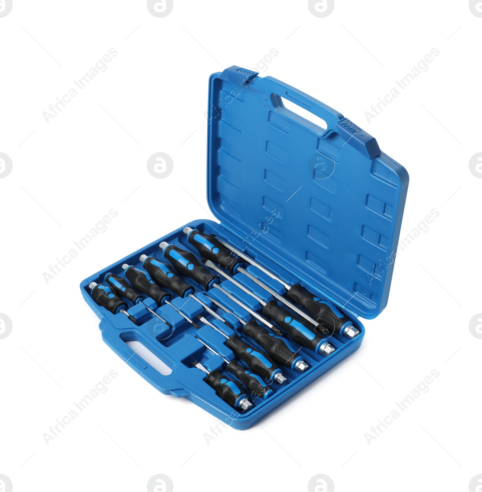 Photo of Set of screwdrivers in open toolbox isolated on white