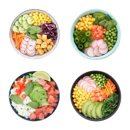 Set of different poke bowls isolated on white, top view