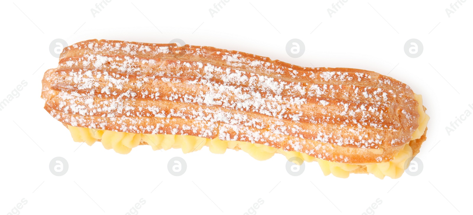 Photo of Delicious eclair filled with cream isolated on white, top view