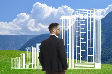 Image of Man dreaming about future business district. Landscape with buildings illustration