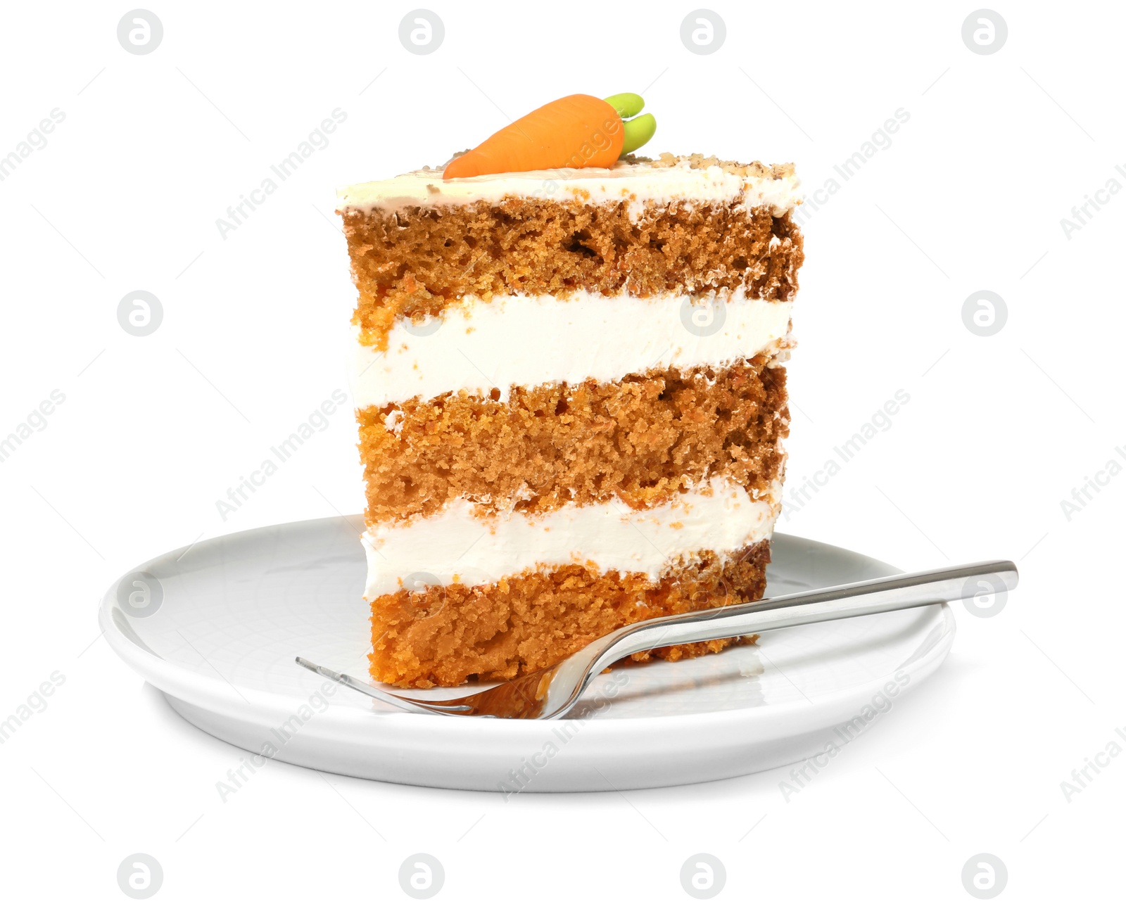 Photo of Piece of sweet carrot cake with delicious cream on plate against white background