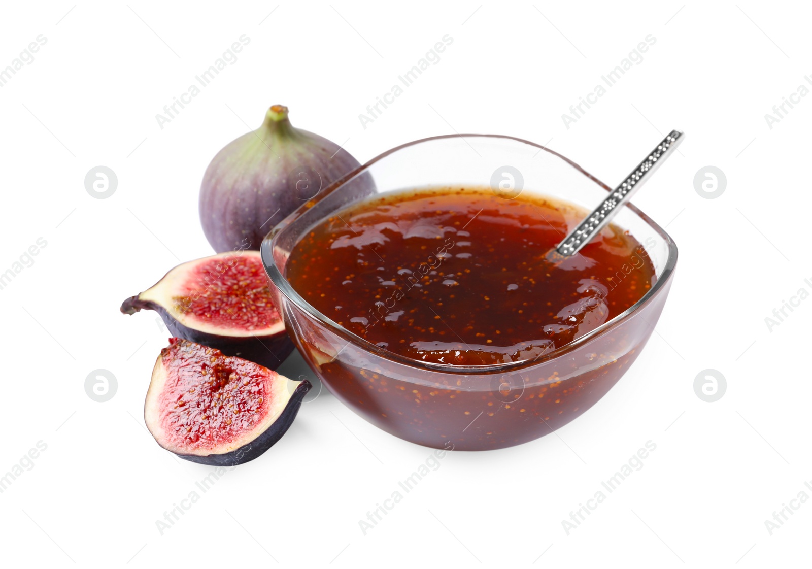 Photo of Glass bowl with tasty sweet jam and fresh figs isolated on white