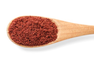 Photo of Dried cranberry powder in wooden spoon isolated on white, top view