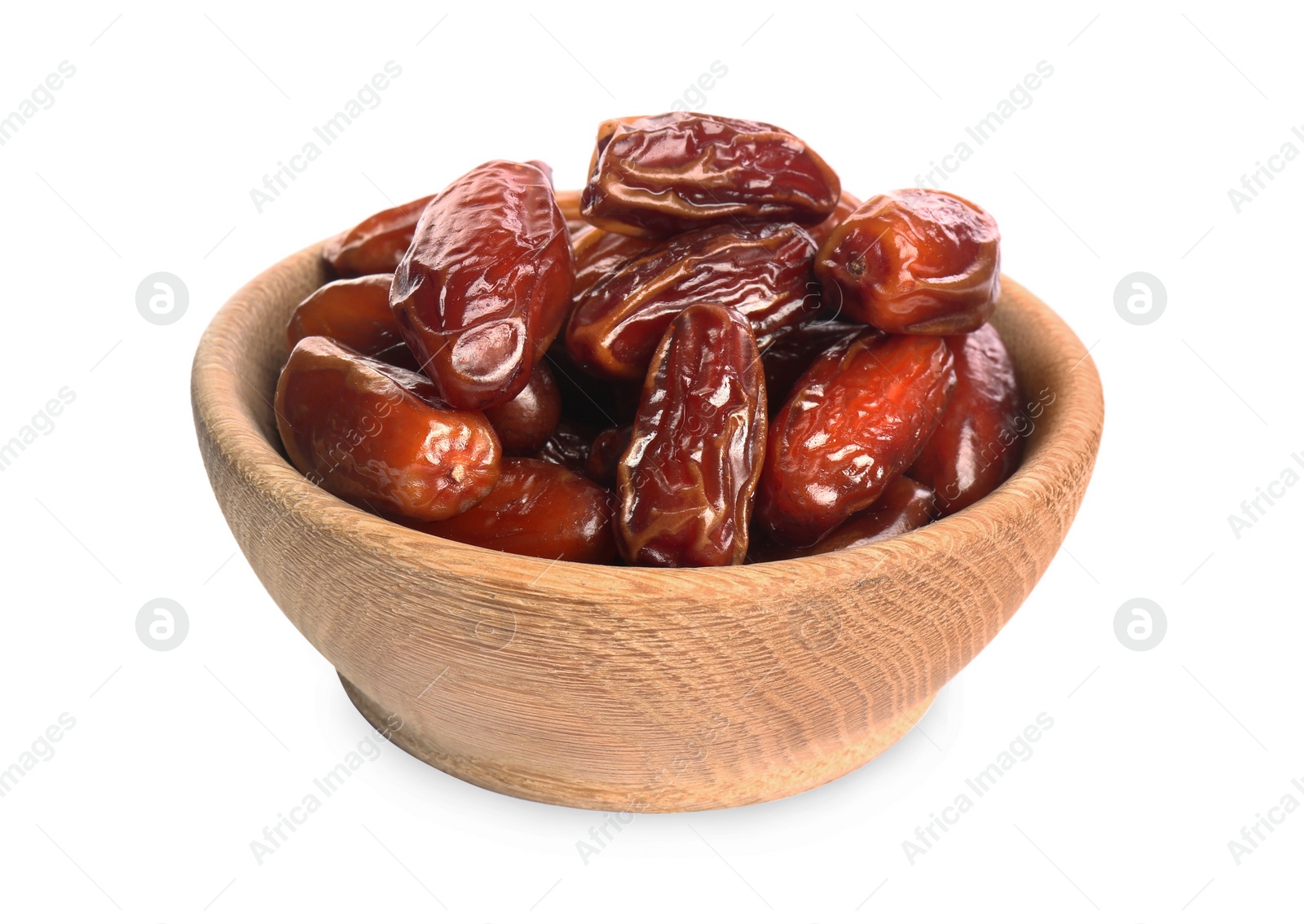 Photo of Tasty sweet dried dates in wooden bowl on white background