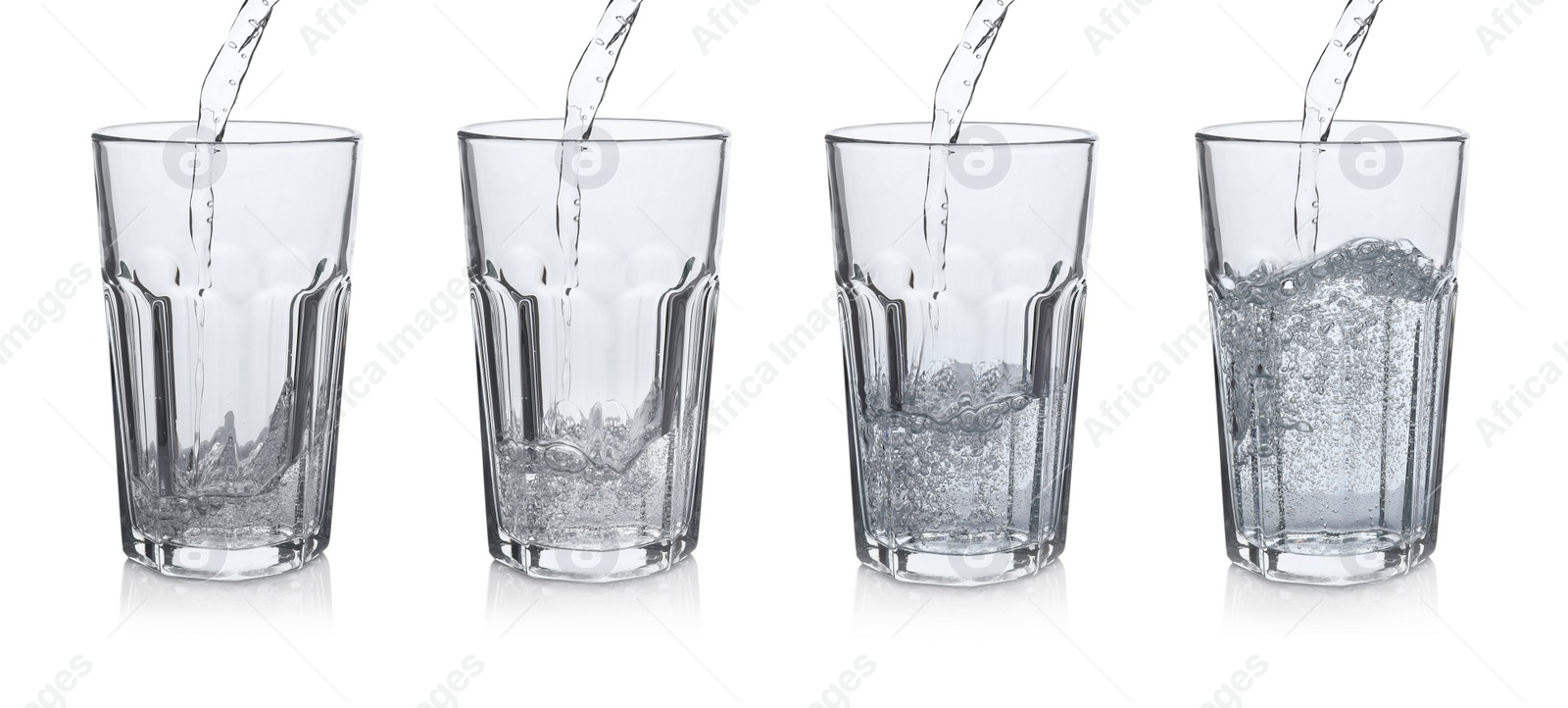 Image of Pouring soda water into glasses on white background, collage. Banner design