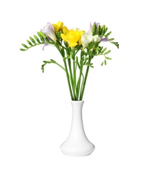 Photo of Bouquet of fresh freesia flowers in vase isolated on white