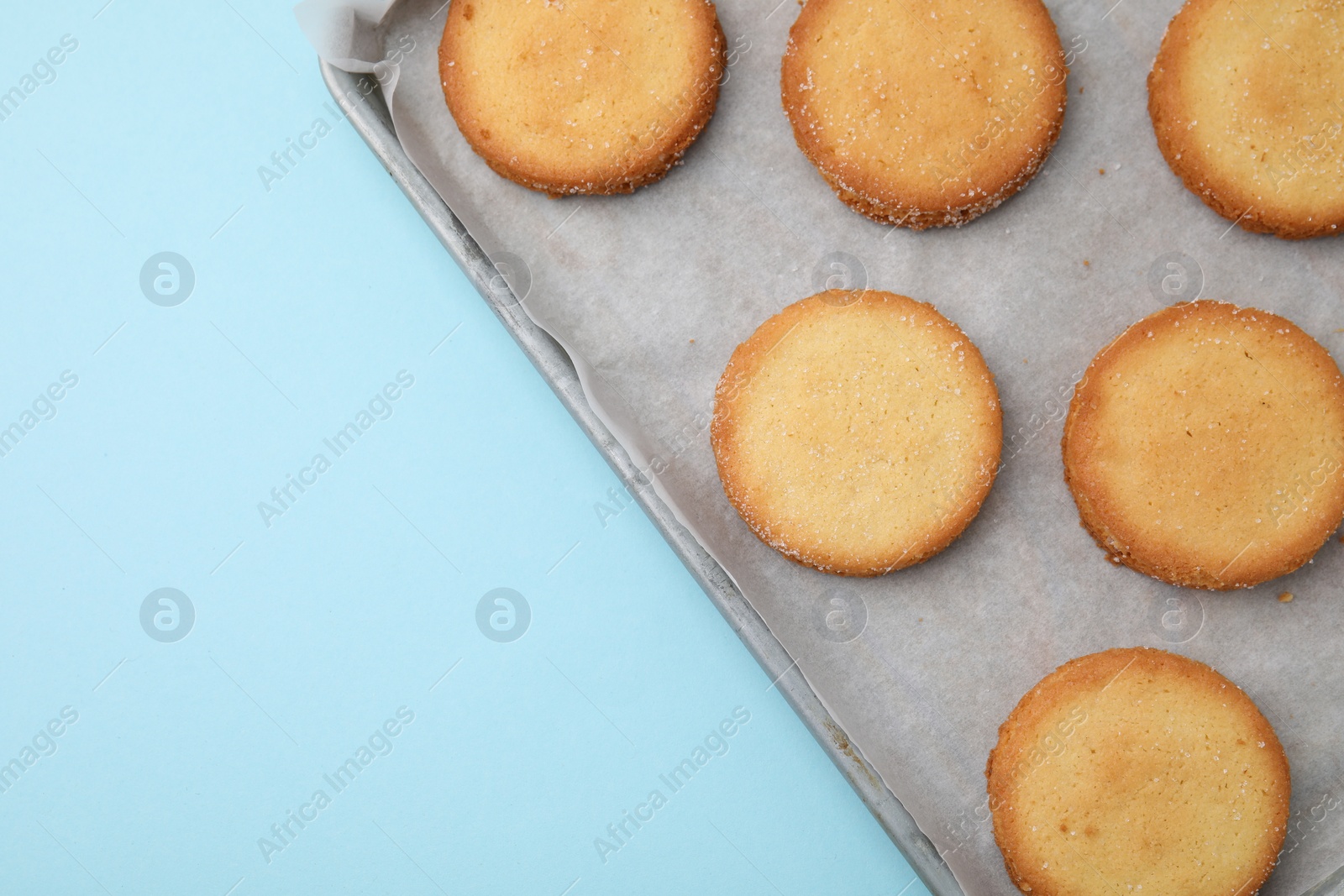 Photo of Tray with tasty sweet sugar cookies on light blue background, top view. Space for text