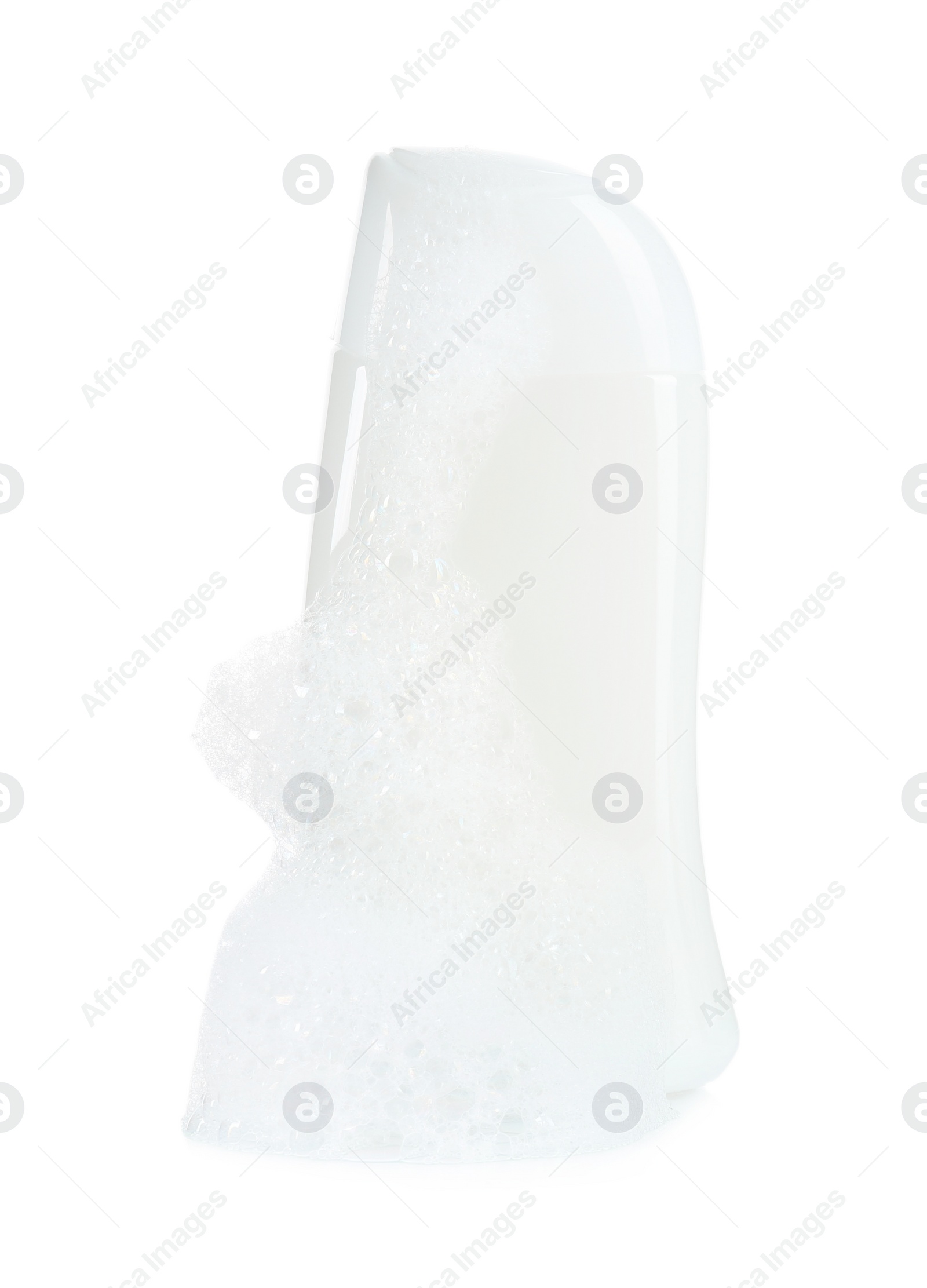 Photo of Bottle of bubble bath with foam isolated on white