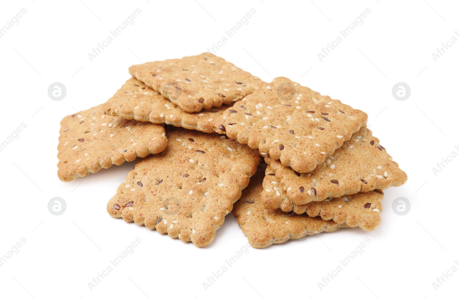 Photo of Pile of cereal crackers with flax and sesame seeds isolated on white